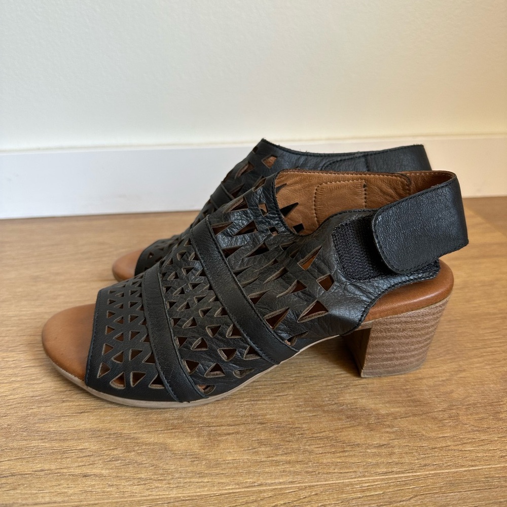 Spring Step Black and Brown Heeled Sandals with Woven Design